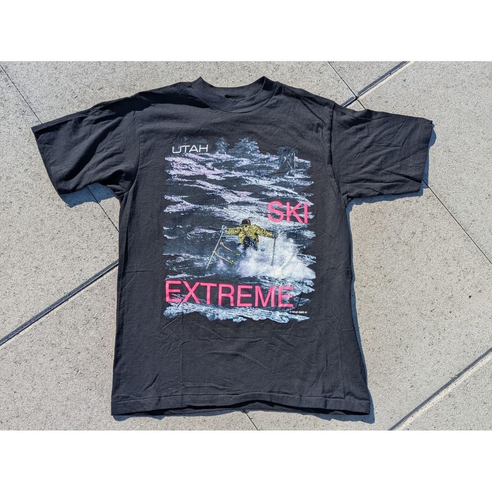 Vintage Oneita Shirt Mens Large Black Utah Ski Extreme Graphic Tee 80s Wild Oats